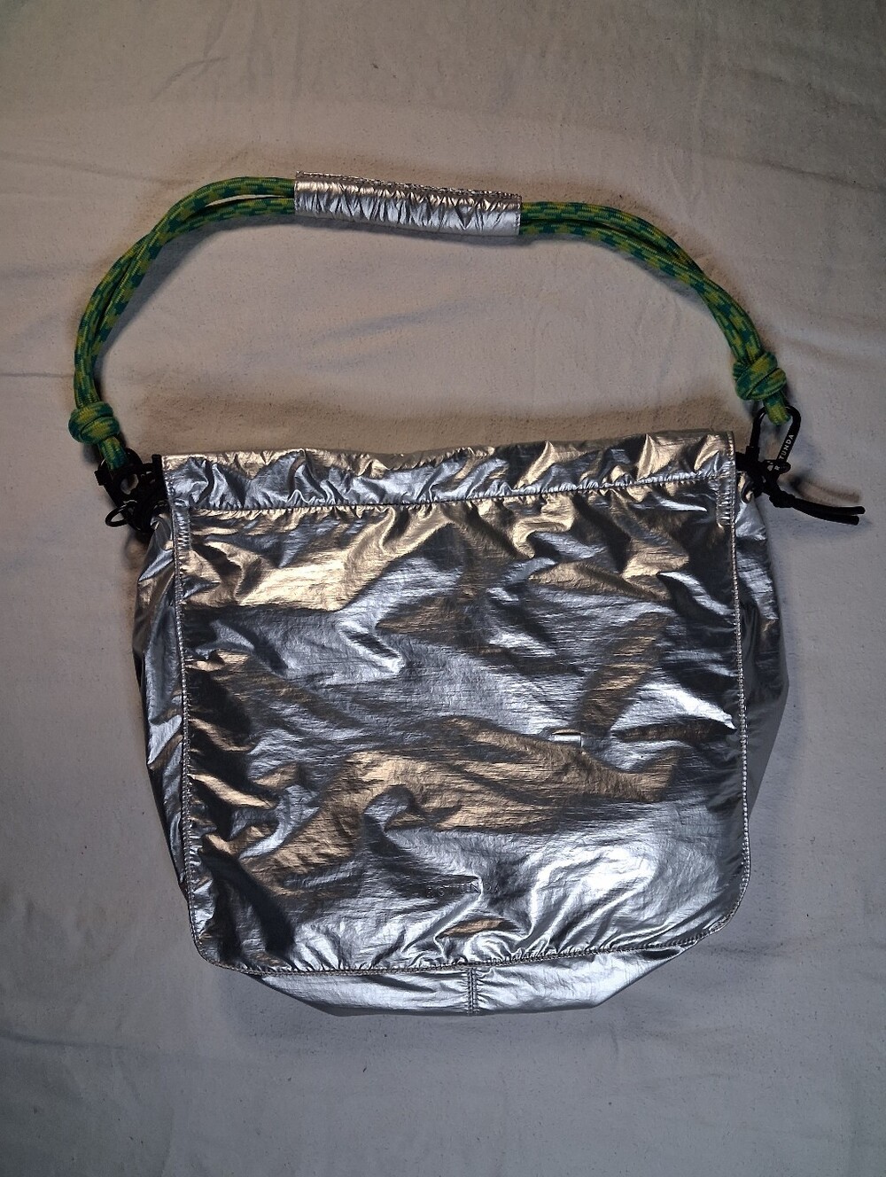 Rotunda Silver Metallic Reflective Bag w/ Green and Yellow striped interior